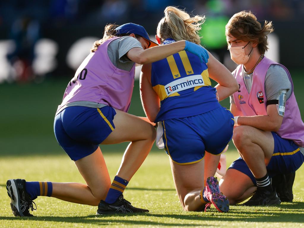 Aisling McCarthy left the field in distress. Picture: AFL Photos/Getty Images