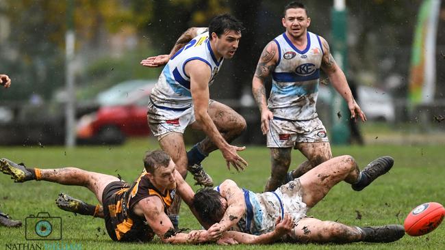 Kilmore and Heidelberg West players compete for the ball. Picture: Nathan McNeill