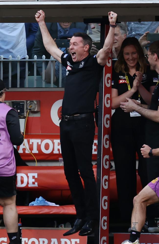 Craig McRae celebrates as the final siren sounds. Picture: Michael Klein