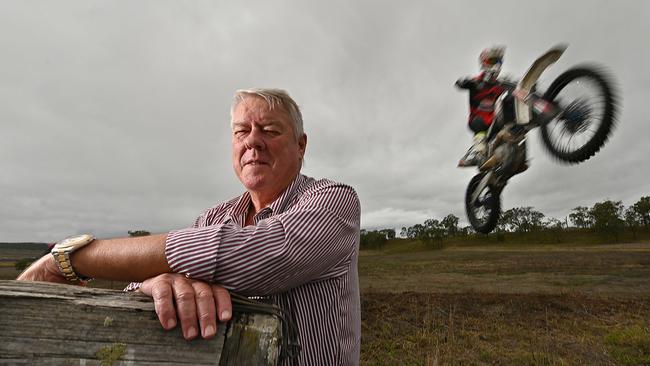 John Wagner, Chairman of Wagner Corp, with Australian Motorcross champion Kaleb Barham at the site of his proposed $175 million motorsport precinct. Picture: Lyndon Mechielsen/The Australian