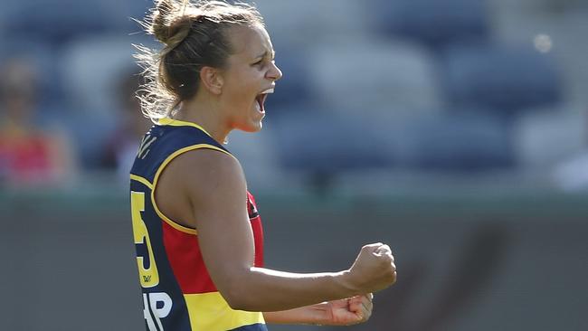 Ponter celebrating one of her four-goals. Picture: Dylan Burns/AFL Photos via Getty Images