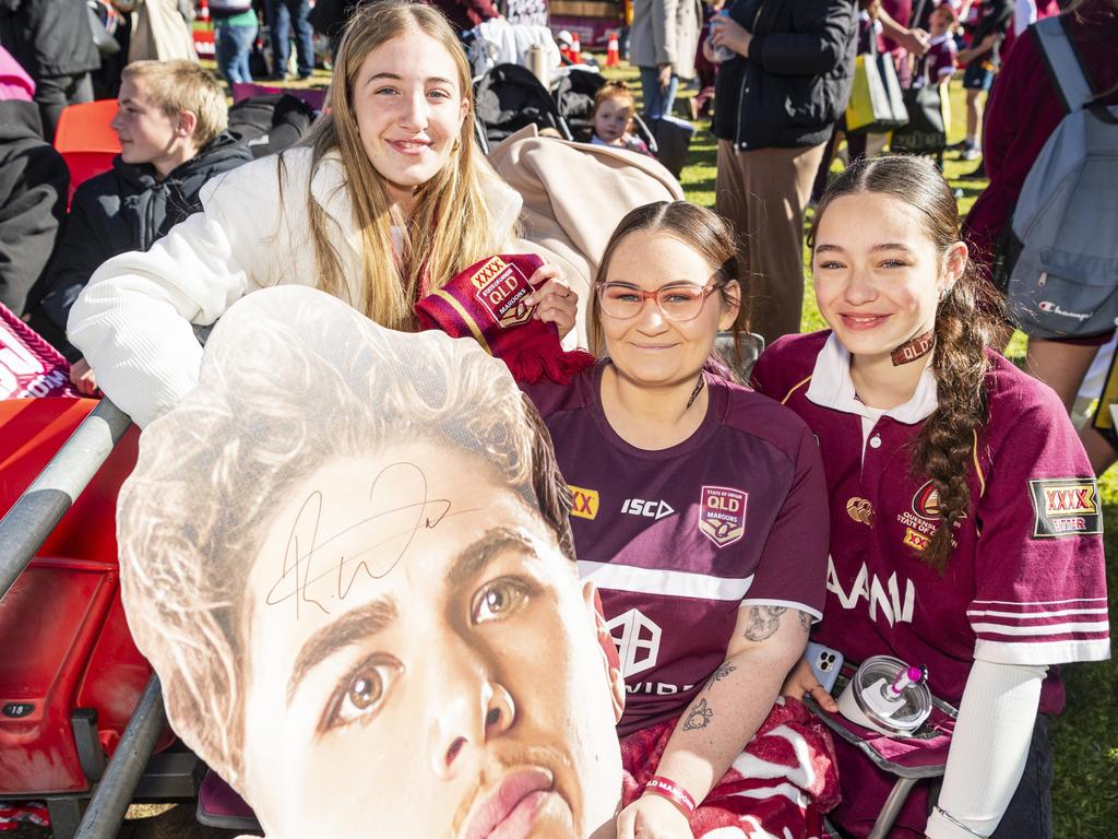 At Queensland Maroons fan day are (from left) Bella Tape, Steph Wise and Sofia Platz at Toowoomba Sports Ground, Tuesday, June 18, 2024. Picture: Kevin Farmer