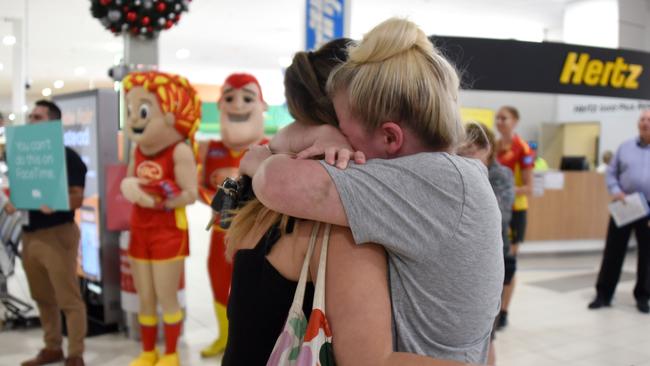 DECEMBER 1, 2020: Passengers from the first flight from Melbourne are welcomed at Gold Coast airport in Coolangatta. Picture: NCA NewsWire / Steve Holland.