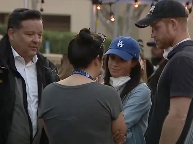 Prince Harry and Meghan Markle visited victims of the Eaton Fire in LA. Picture: FOX 11 Los Angeles