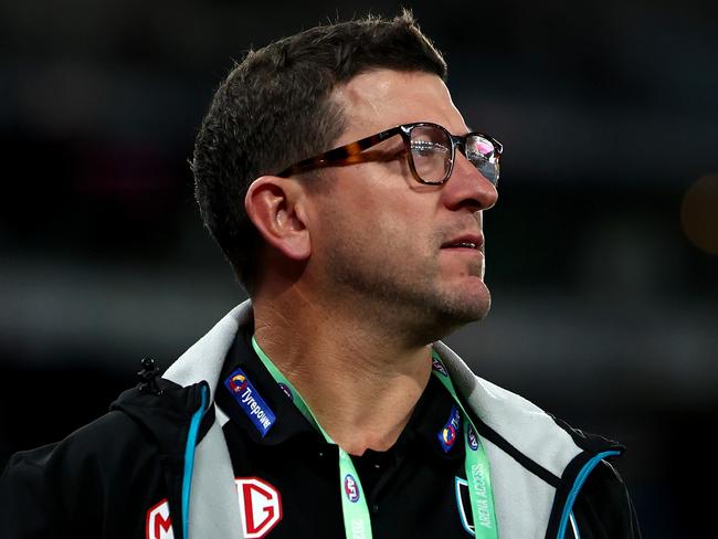 MELBOURNE, AUSTRALIA - JUNE 30: Josh Carr, the assistant coach of the Power looks on during the round 16 AFL match between St Kilda Saints and Port Adelaide Power at Marvel Stadium, on June 30, 2024, in Melbourne, Australia. (Photo by Quinn Rooney/Getty Images)