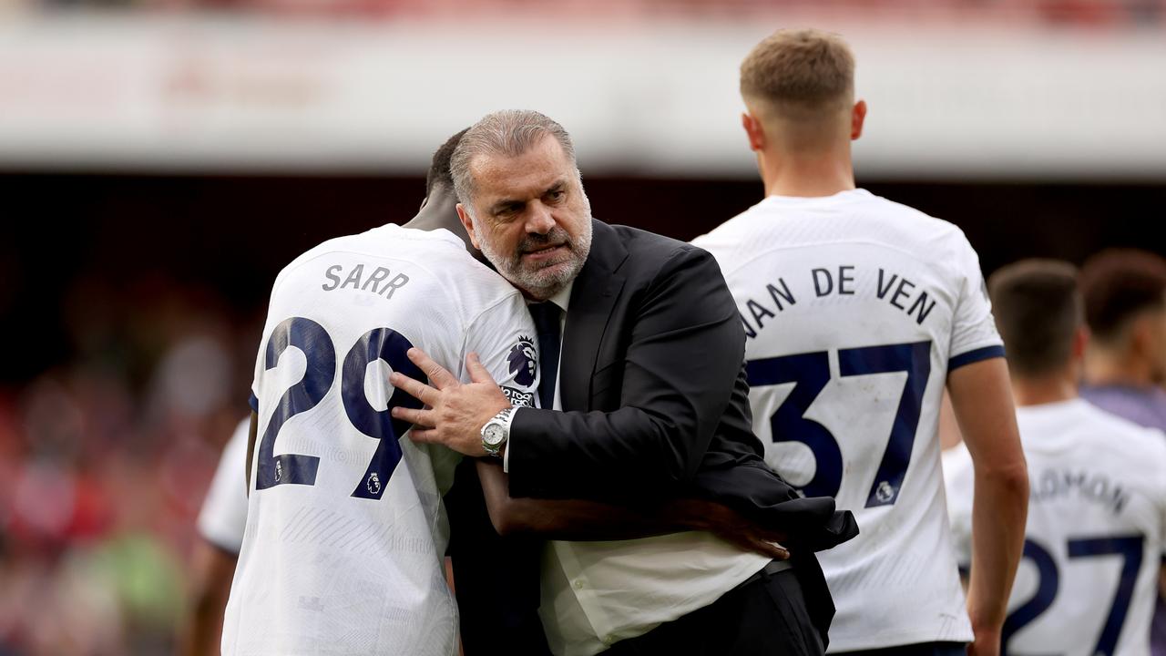 LONDON, ENGLAND – SEPTEMBER 24: Pape Matar Sarr embraces Ange Postecoglou, Manager of Tottenham Hotspur, after the draw during the Premier League match between Arsenal FC and Tottenham Hotspur at Emirates Stadium on September 24, 2023 in London, England. (Photo by Ryan Pierse/Getty Images)