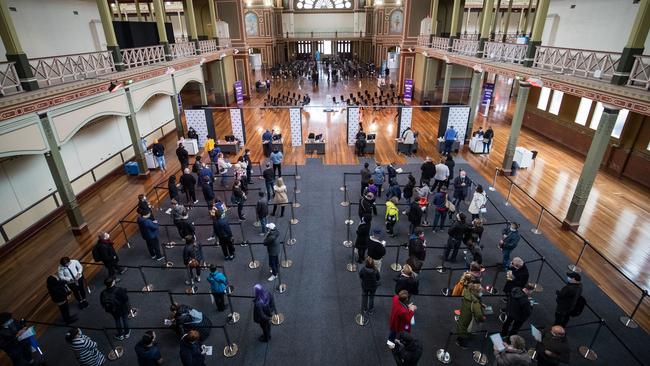 A mass vaccination hub at Melbourne’s Royal Exhibition Building. Picture: Getty Images