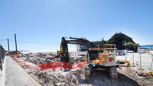 Work on the Currumbin Seawall continues next to the Currumbin Vikings SLSC. Picture Glenn Hampson