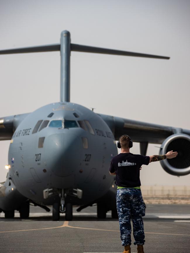 One of the RAAF Globemasters landing in UAE yesterday. Picture: Defence