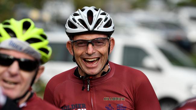 Former prime minister Tony Abbott during the Pollie Pedal Bike Ride in Warragul, Victoria, this morning.