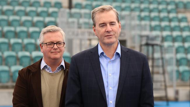 Bass MP Simon Wood and Deputy Premier Michael Ferguson at the site of the new Launceston Tennis, Community, and Events Centre, which is currently undergoing redevelopment. Picture: Stephanie Dalton