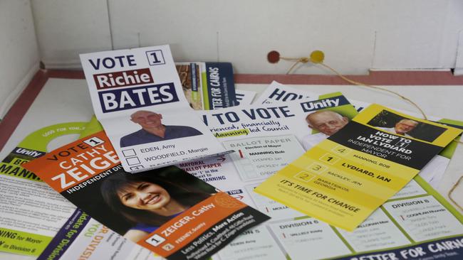 How-to-vote cards at the Cairns Showground pre-poll booth. PICTURE: STEWART McLEAN