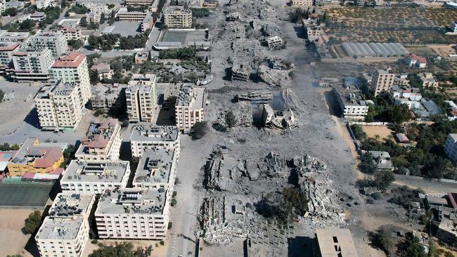 An aerial view shows destroyed buildings in al-Zahra city south of Gaza City following Israeli bombardment overnight. Picture: Belal Alsabbagh/AFP