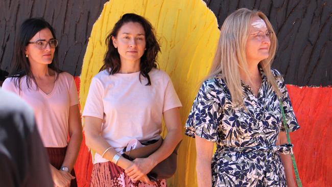 Northern Territory Coroner Elisabeth Armitage, right, visits Yuendumu with counsel assisting Maria Walz, left, and Peggy Dwyer during Kumanjayi Walker’s inquest. Picture: Jason Walls