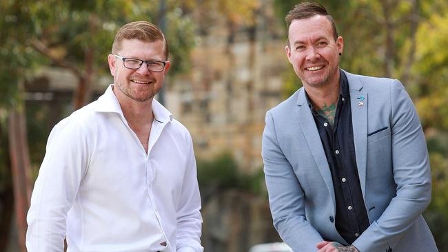 Westpac IT worker Jamie Ingram  dubbed "chairman" and Jase Shore dubbed "crate man" in Pyrmont today. They have been nominated for Pride of Australia. The pair were some of the heroes involved in taking down Mert Ney during the Sydney stabbing attack. Picture:Justin Lloyd