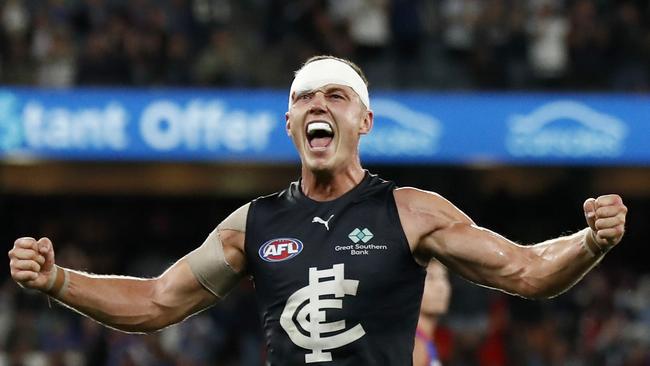 Patrick Cripps of the Blues celebrates his teams win after round two