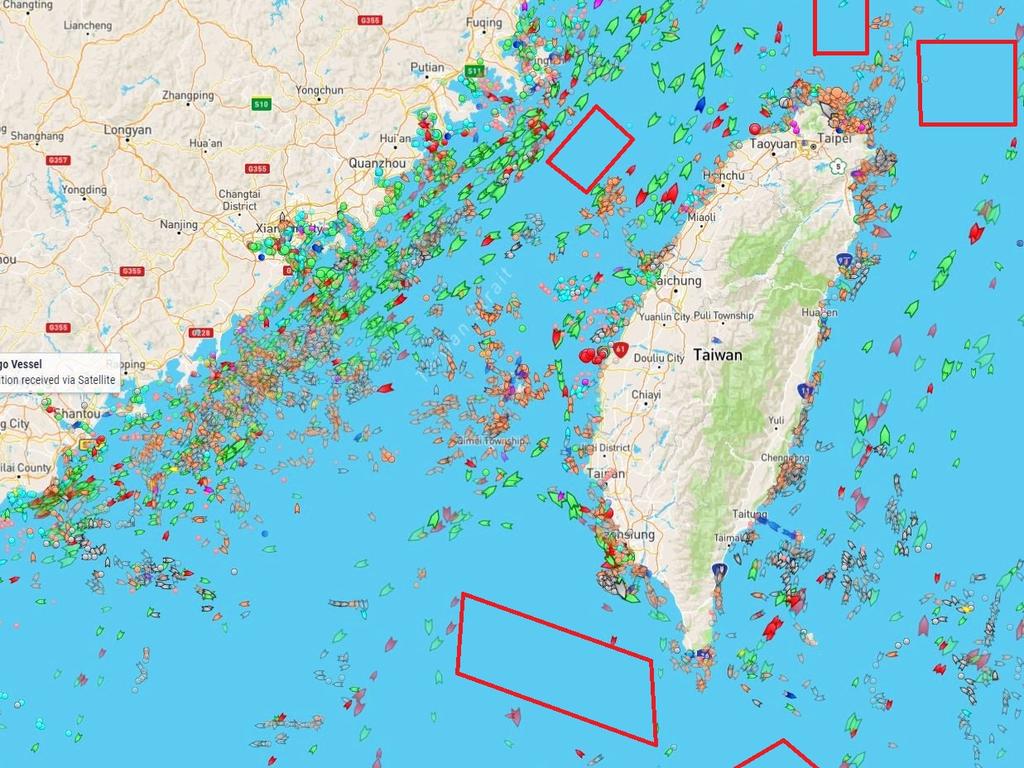 Marine traffic is steering clear of China's military drill areas (in red). Picture: MarineTraffic.