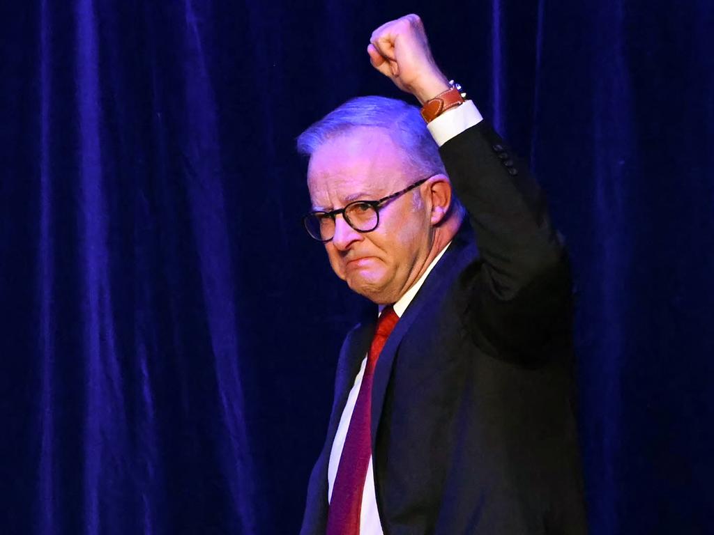 An emotional Anthony Albanese celebrates his election win. Picture: Saeed Khan
