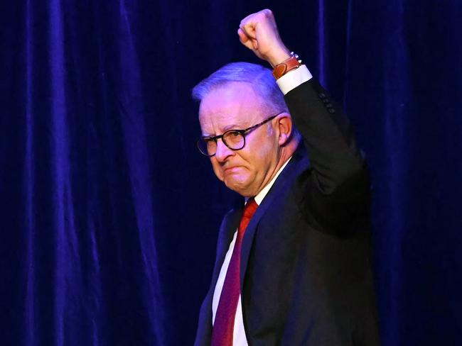An emotional Anthony Albanese celebrates his election win. Picture: Saeed Khan