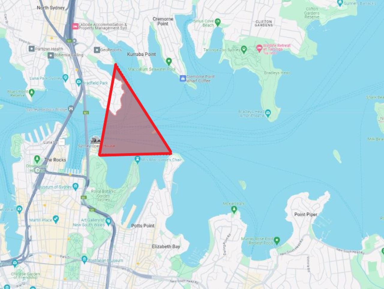 Bull sharks are most prevalent in a triangle of water connecting Kirribili with Garden Island and the Opera House. Picture: Google Maps