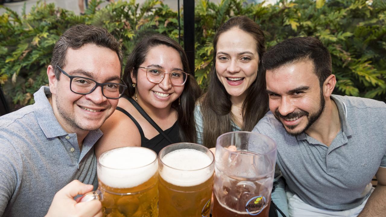 Enjoying the beer at Konig's Biergarten Toowoomba are (from left) Andre Diniz, Maria Moreno, Maura Barbalho and Andre Lopes for Oktoberfest, Saturday, October 23, 2021. Picture: Kevin Farmer