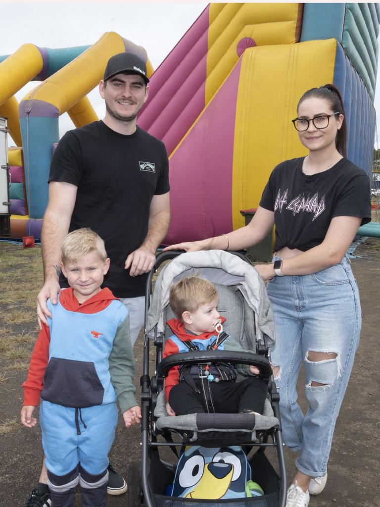 Tye Pitt and Chloe Siler with Leo and Marcelo Pitt on day 3 of the Toowoomba Royal Show. Sunday, March 27, 2022. Picture: Nev Madsen.