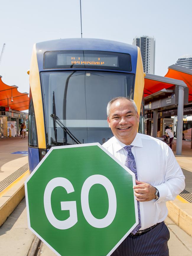 Announcement for Light Rail Stage 3A, from Broadbeach South to Burleigh. Gold Coast Mayor Tom Tate holding a GO sign. Picture: Jerad Williams.