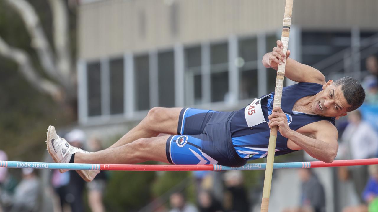 2024 Australian masters games at the Domain Athletics Centre, Domonic Carr 53 NSW during the Pole Vault. Picture: Chris Kidd