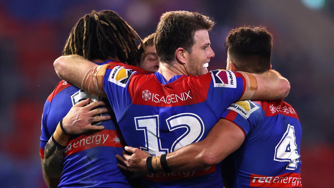 The Knights celebrate a try during their thrashing of the Titans. Newcastle have one of the easiest draws in the competition (Photo by Ashley Feder/Getty Images)