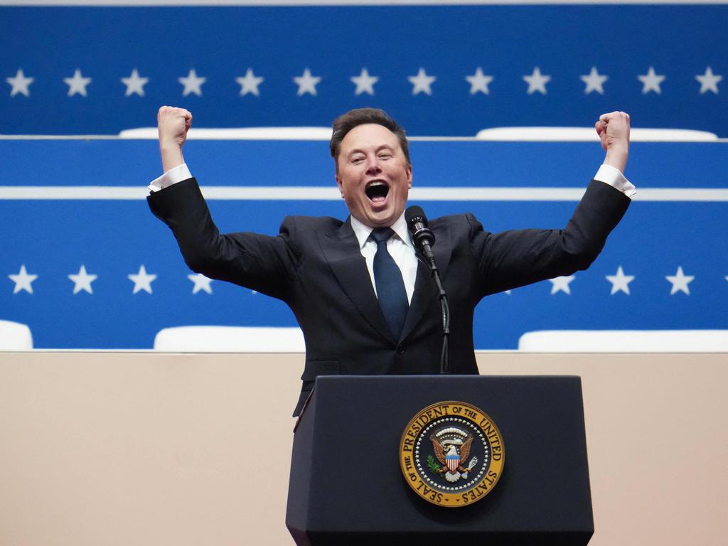 Elon Musk was pumped up at Donald Trump’s indoors inauguration parade. Picture: Getty Images via AFP