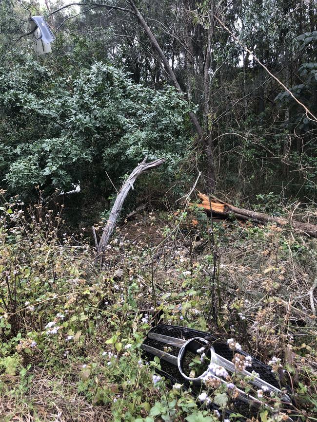 Bits of debris can be seen on the ground and in trees after a fatal crash at Tallebudgera on the Gold Coast. Picture: Jeremy Pierce