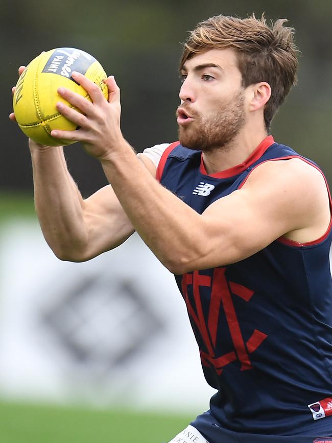 Jack Viney takes possession during a pre-season drill.