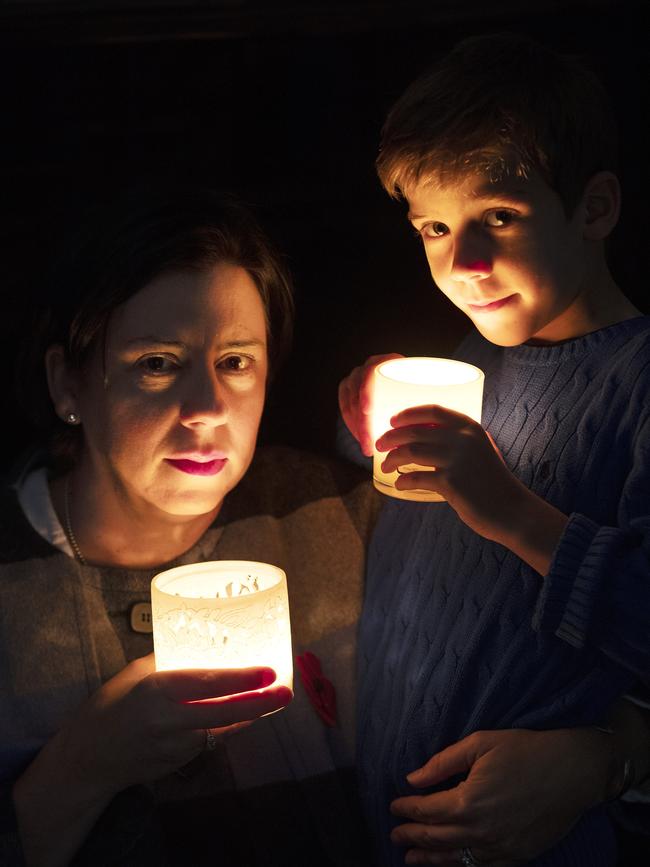 Danielle Crismani and her son Louie Harris 8 of Bellerive who will light up the dawn for ANZAC Day. Picture Chris Kidd