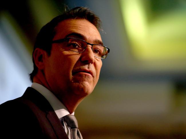 Recently-elected South Australia Premier Steven Marshall during his first address since taking office to the South Australian Press Club at Hotel Grand Chancellor, Adelaide, Friday, April 27, 2018. (AAP Image/Kelly Barnes) NO ARCHIVING