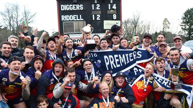 Diggers Rest celebrates its grand final victory. Picture: Josie Hayden