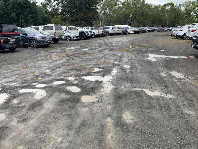 The car park at Rockhampton's Rugby Park is littered with potholes, exacerbated by heavy rain last Saturday.