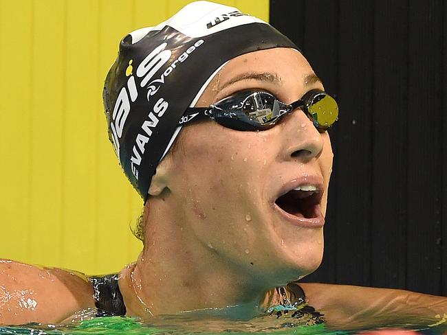 Blair Evans reacts after winning the women's 400m individual medley final at the Australian Swimming Championships in Adelaide last week. Picture: AAP Image/Dave Hunt