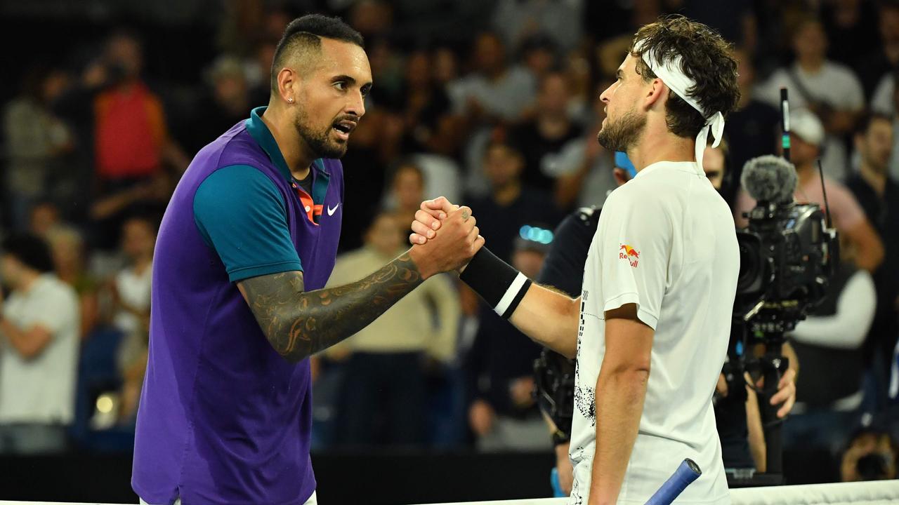 Dominic Thiem (right) needed to come from behind to survive Nick Kyrgios in five sets at this year’s Australian Open. Picture: AFP