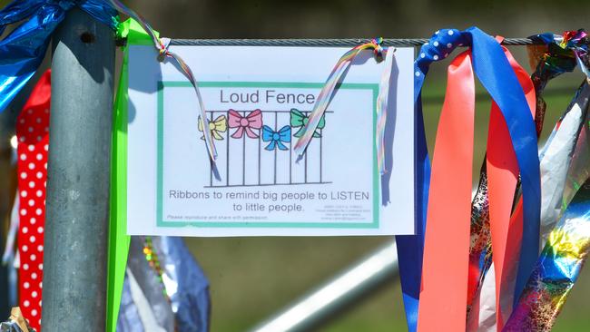 A “loud fence” at Domeney Reserve, Park Orchards, pays tribute to the victims of paedophile Barry Watson.