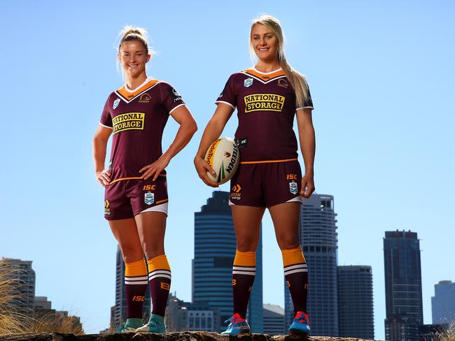 House (right) and Meg Ward unveil the Broncos’ women’s jersey. Pic: Adam Head