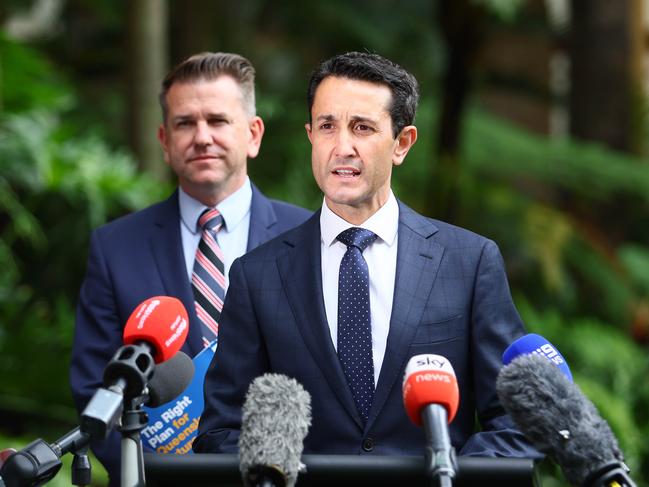 BRISBANE, AUSTRALIA - NewsWire Photos OCTOBER 27, 2024: LNP leader David Crisafulli and his deputy Jarrod Bleijie at a press conference in Brisbane. Picture: NewsWire/Tertius Pickard