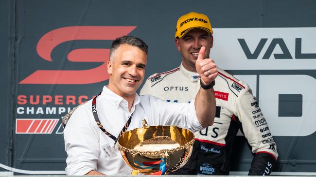 Premier Peter Malinauskas on the podium at the Adelaide 500 Supercars race on December 4. Picture: Daniel Kalisz / Getty Images