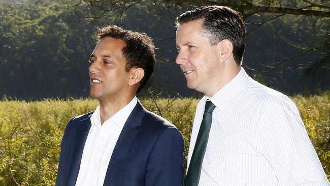 Federal Banks Labor candidate Chris Gambian with shadow environment minister Mark Butler overlooking Weed infested Yeramba lagoonal Picnic Point. Picture: John Appleyard