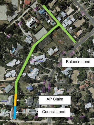 A map showing the old lane in Mount Martha, including a section owned by the council and another claimed through adverse possession. Picture: Mornington Peninsula Shire