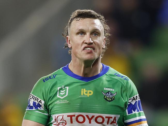 MELBOURNE, AUSTRALIA - JULY 17: Jack Wighton of the Raiders looks on during the round 18 NRL match between the Melbourne Storm and the Canberra Raiders at AAMI Park, on July 17, 2022, in Melbourne, Australia. (Photo by Mike Owen/Getty Images)