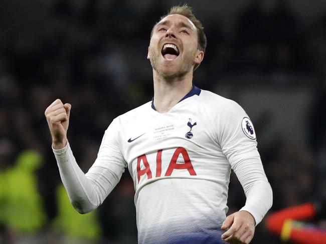 Tottenham's Christian Eriksen celebrates after scoring his side's second goal during the English Premier League soccer match betweenTottenham Hotspur and Crystal Palace, the first Premiership match at the new Tottenham Hotspur stadium in London, Wednesday, April 3, 2019. (AP Photo/Kirsty Wigglesworth)