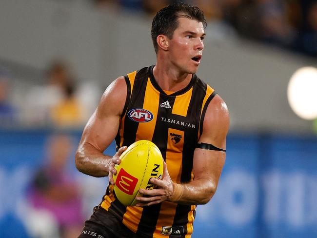 MELBOURNE, AUSTRALIA - APRIL 18: Jaeger O'Meara of the Hawks in action during the 2022 AFL Round 05 match between the Hawthorn Hawks and the Geelong Cats at the Melbourne Cricket Ground on April 18, 2022 In Melbourne, Australia. (Photo by Michael Willson/AFL Photos via Getty Images)