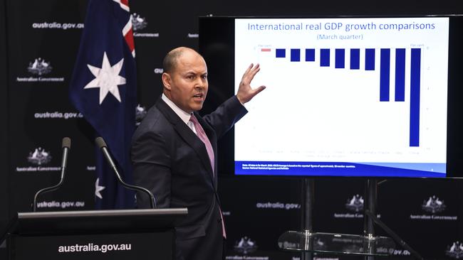 Frydenberg during a press conference on June 3, 2020. when GDP fell 0.3 per cent in the March 2020 quarter.