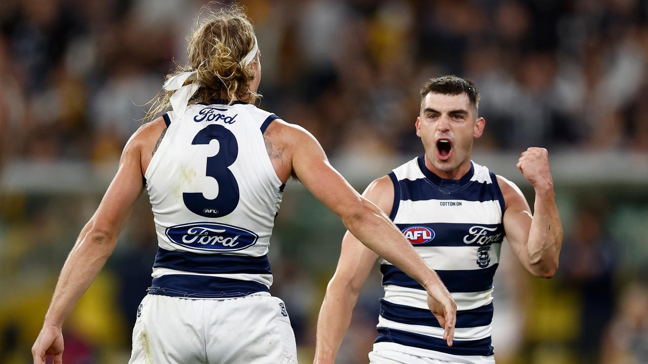 Bailey Smith (left) and Shaun Mannagh. Picture: Michael Willson/AFL Photos via Getty Images