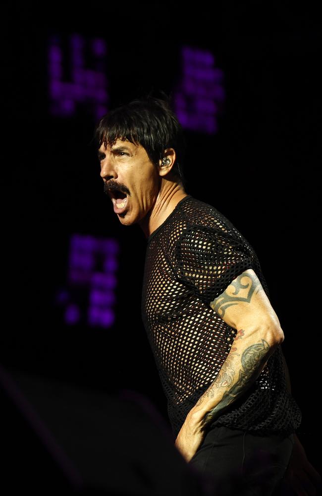 Anthony Kiedis belts out some classics on stage in Sydney. Picture: Jonathan Ng